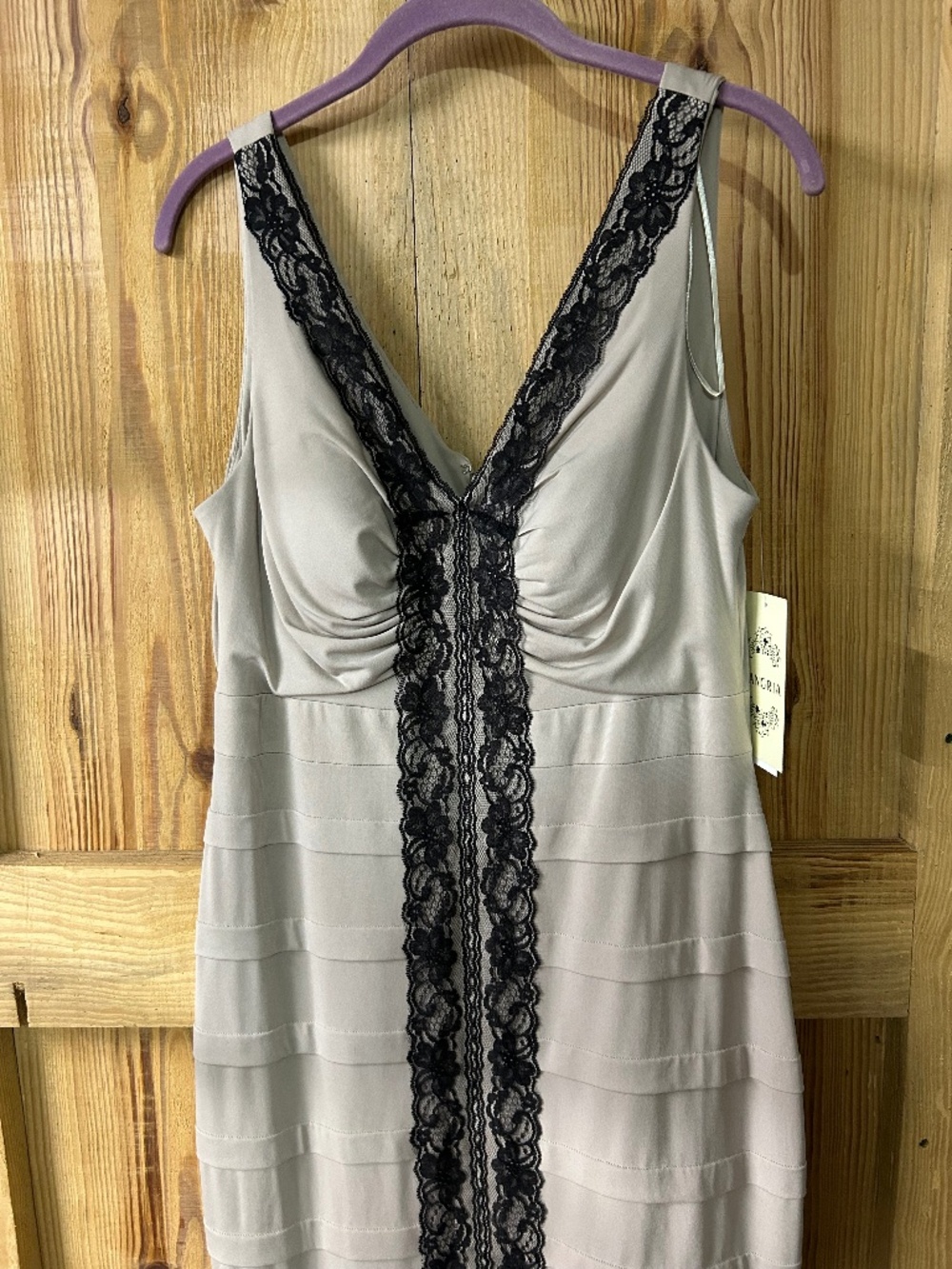 Sangria Beige Shutter Stretch Sheath Dress with Black Lace Trim